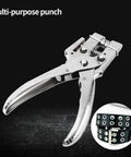 DIY Eyelet Setting Tool Pliers Kit With 100 Gold Grommets, metal punch pliers on black surface with a belt and eyelets inset image