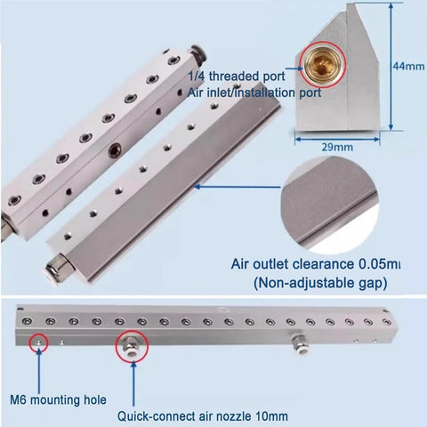 Heavy Duty Aluminum Air Knife Blower That Blasts Dust And Moisture Straight Off detailed image showing threaded ports and mounting holes.