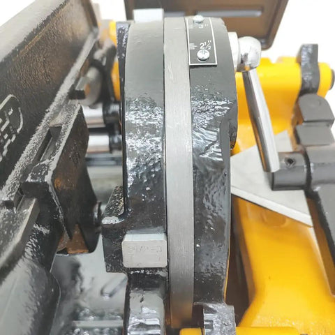 Close-up of Rock Solid Electric Pipe Threader Machine showing the threading die adjustment for 1/2 to 3 inch conduit.