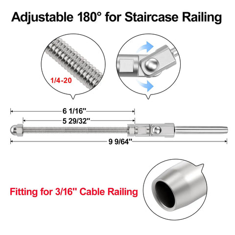 Diagram of Angled Swage Threaded Stud Kit With Six Inch Length Three Sixteenth Inch Thread Adjustable From Zero To One Hundred Eighty Degrees Tension End For Cable Railing On 4x4 Wood Or Metal Posts Indoor Outdoor Deck Hardware