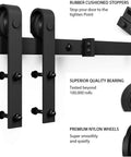 Close-up of sliding hardware kit for 34 X 84 Inch Glass Barn Door With 6 Ft Sliding Hardware Kit And Handle, showing rollers and stoppers.