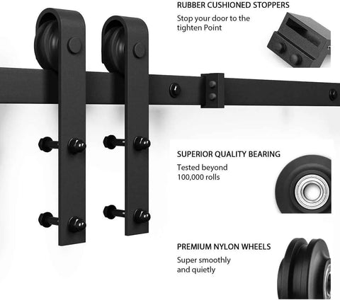 Close-up of sliding hardware kit for 34 X 84 Inch Glass Barn Door With 6 Ft Sliding Hardware Kit And Handle, showing rollers and stoppers.