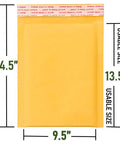Kraft Bubble Mailers With Self Seal Closure Waterproof Cushioned Padded Envelopes For Shipping 9.5 By 14.5 Inches Gold 10 Pack Durable Recycled Kraft Paper For Safe Deliveries showing dimensions of 9.5 x 14.5 inches with 13.5 inches usable size.