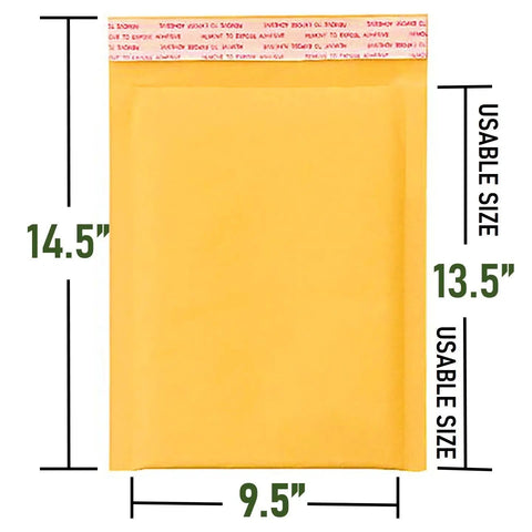 Kraft Bubble Mailers With Self Seal Closure Waterproof Cushioned Padded Envelopes For Shipping 9.5 By 14.5 Inches Gold 10 Pack Durable Recycled Kraft Paper For Safe Deliveries showing dimensions of 9.5 x 14.5 inches with 13.5 inches usable size.