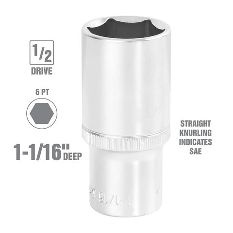 Half Inch Drive Deep Socket One And One Sixteenth Inch Six Point For Tight Access And Solid Torque Chrome Finish PosiGrip