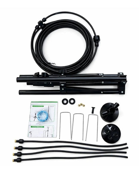 Outdoor Misting System With Adjustable Stand And 360° Flexible Hose Ultra Fine 0.5mm Nozzles For Patio Cooling Backyard Oasis Poolside And BBQ Includes 26Ft Hose And Tripod components spread out