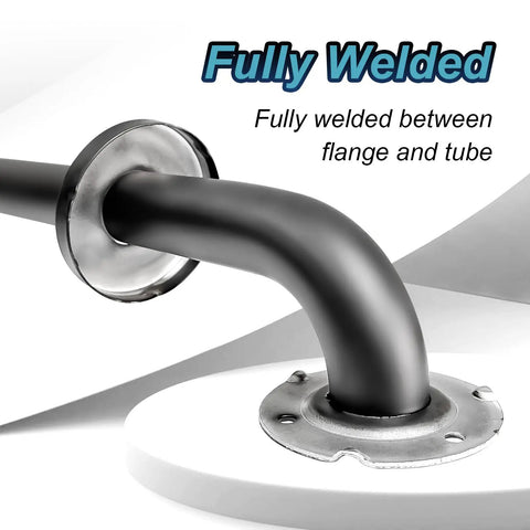 Built Different 24 Inch Matte Black Bathroom Grab Bars Two Pack close-up of fully welded connection between flange and tube.