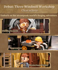 Three characters from Dope Steampunk Dutch Windmill Building Set With Motorized Blades Exposed Gears Openable Walls displayed