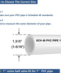Diagram showing size guide for fitting Union Ball Valve 1 Inch Full Port Pack of 2 UPVC Full Flow Ball Valves with 230 PSI Rating
