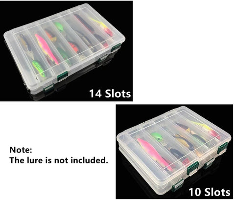 Clear 14 Slot Two Tier Fishing Lure Box With Drain Holes See Through Tackle Storage Case for Minnows Jigs Squid Hooks and Baits