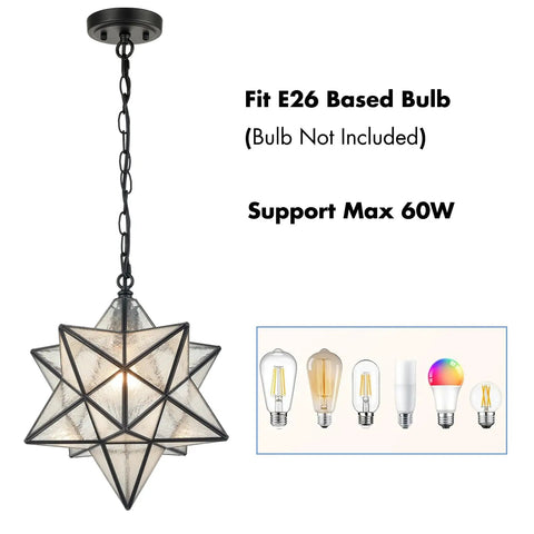14 Inch Star Pendant Light With Seeded Glass Shade, Adjustable Hanging Chain, Dimmable Fixture for Kitchen or Bedroom