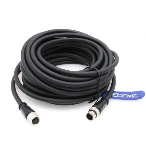 M12 A Code 12 Pin Male To Female Heavy Duty Flex Cable coiled with connectors visible, suitable for Cognex applications, 10 meter length.