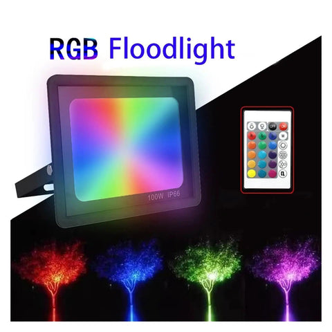 JUDYSSY RGB Led Floodlight Reflector Outdoor Lighting Ac 220 100W with remote control illuminating colorful trees.