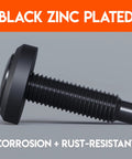 Close-up of black zinc plated server rack screw with threaded design and pilot point head for network racks.