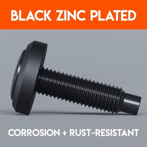 Close-up of black zinc plated server rack screw with threaded design and pilot point head for network racks.