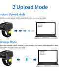 Diagram showing Ring Style 2D Barcode Scanner For All Day Wear Hands Free Portable Bluetooth Ring Reader with dual upload modes.