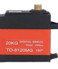 Bulletproof Digital Servo Motor 20kg Torque With Durable Metal Gearbox For RC Builds And Drone Gimbals Hella Precise Linear Control Designed Tight For Robotics Tech, side view displaying metal gears.