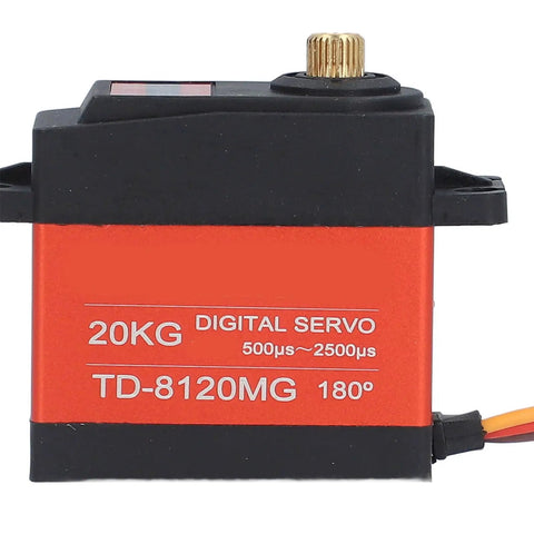 Bulletproof Digital Servo Motor 20kg Torque With Durable Metal Gearbox For RC Builds And Drone Gimbals Hella Precise Linear Control Designed Tight For Robotics Tech, side view displaying metal gears.