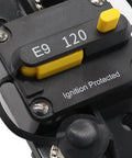 Close-up of Road Ready 120 Amp Circuit Breaker With Manual Reset Switch For Cars And Boats, 48 Volt Overload Protector showing push button and ignition protection.