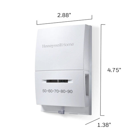 Heat Only Thermostat For Central Gas Or Oil Heating With Quiet Switching And Mercury Free Design, Two Wire Install, dimensions shown