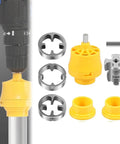Heavy Duty PVC Pipe Threader Kit With 3 Precision Dies for Quick Cutting and Threading. Includes yellow and metal components.