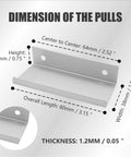 Dimensions diagram of Back Mount Finger Edge Pulls 2 Pack 80mm Aluminum Hidden Handle Concealed Tab with 64mm hole spacing.