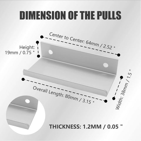 Dimensions diagram of Back Mount Finger Edge Pulls 2 Pack 80mm Aluminum Hidden Handle Concealed Tab with 64mm hole spacing.