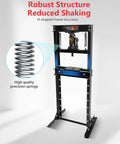 Boss Tier Precision Rated Hydraulic Shop Press With Broad Stamping Plates For Quick Bearing Swaps Tough Garage Builds Black Powder Coated Steel Frame with H-shaped structure and high quality springs.