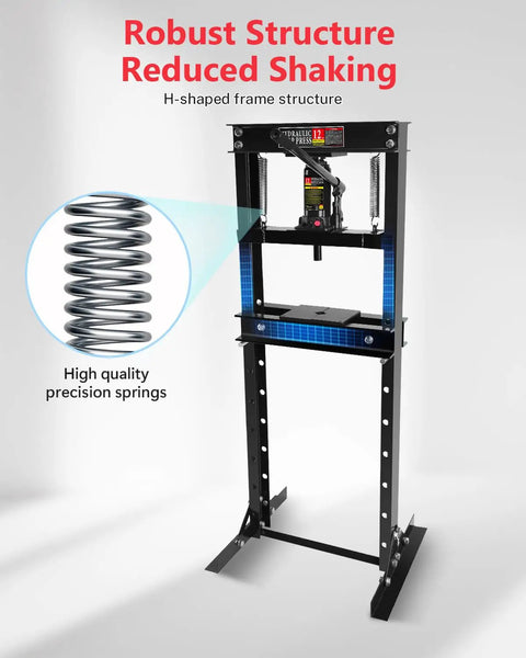 Boss Tier Precision Rated Hydraulic Shop Press With Broad Stamping Plates For Quick Bearing Swaps Tough Garage Builds Black Powder Coated Steel Frame with H-shaped structure and high quality springs.