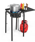 Single Burner Gas Stove With Side Shelf 100,000 BTU Portable Propane Stove For Camping Home Backyard Outdoor Cooking Brewing Canning Turkey Frying Removable Legs And Regulator, black frame with red propane tank and cooking pot