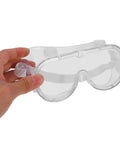 Badass Protective Safety Goggles With Anti Fog Clarity And Scratch Resistant Lenses being held, clear polycarbonate material, for outdoor jobs.