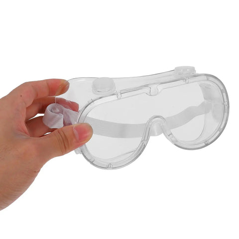 Badass Protective Safety Goggles With Anti Fog Clarity And Scratch Resistant Lenses being held, clear polycarbonate material, for outdoor jobs.