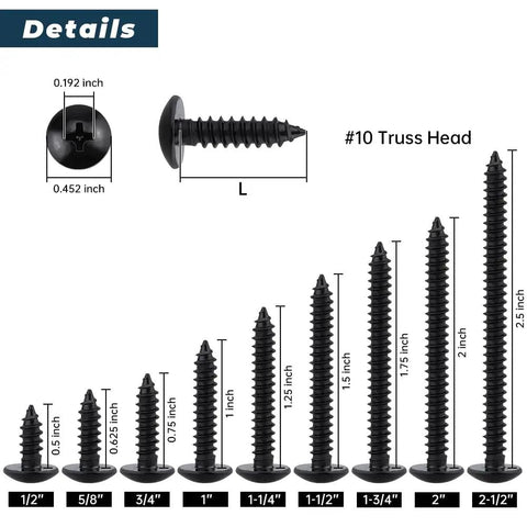 Seventy Five Pack Ten By Half Inch Truss Head Self Tapping Screws For Wood And Metal Crafted From Rust Proof Eighteen Eight Stainless Steel With Phillips Bits For Tough Builds That Grip Tight Without A Hassle, various sizes shown.