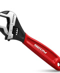 Rock Solid Six Inch Adjustable Wrench Forged From Heat Treated Chrome Vanadium Steel With Anti Slip Cushion Grip And Precision Metric Sae Scale Markings For Tradesmen Who Expect Zero Sweat Heavy Duty Tool Performance, red and black design, angled view.