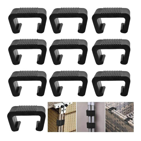 KobeIeen 10 Pack Outdoor Furniture Clips for Patio Rattan and Wicker Chairs showing black plastic clips in use