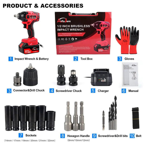 Cordless One Half Inch Impact Wrench Kit With Brushless Motor 20V Max Rechargeable Lithium Ion Battery And Charger Includes Six Sockets.