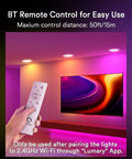 Room with colorful lighting from 4 Pack Canless Smart Recessed LED Light 4 Inch With Junction Box 9W 810lm, hand holding remote.