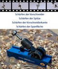 Pro Grade Forstner And Hinge Boring Bit Sharpener on a wood surface, showing drill bit sharpening in action.