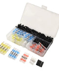 Top Notch Heat Shrink Solder Wire Connectors Kit With 300 Waterproof Butt Terminals And Seal Sleeves For Marine Auto Electrical Cable Splice In Vibrant Red Blue White Yellow Black Assorted Sizes To Fix Any Messy Wiring Job. open case with assorted connectors