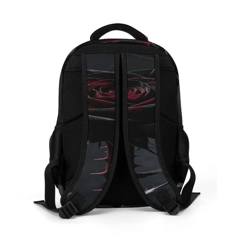 Back view of Dope Thorned Rose Bloom Printed Unisex Backpack With Large Capacity Durable Polyester Daypack Breathable Design