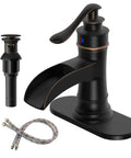 Oil Rubbed Bronze Bathroom Sink Faucet 1 Hole Single Handle Waterfall Faucet No Fuss With Pop Up Drain And Hoses Lead Free Vanity Faucet