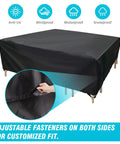 Heavy Duty Waterproof All Weather Patio Furniture Cover For Rectangular Table Chair And Sofa Set 67 Inches Long By 37 Inches Wide By 28 Inches High Built To Handle The Wind With Corner Windproof Buckles Tear Resistant Oxford Material Zipper Carrying Bag, showing adjustable fasteners