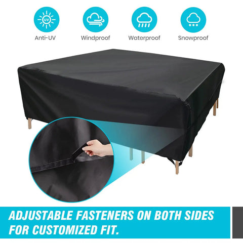 Heavy Duty Waterproof All Weather Patio Furniture Cover For Rectangular Table Chair And Sofa Set 67 Inches Long By 37 Inches Wide By 28 Inches High Built To Handle The Wind With Corner Windproof Buckles Tear Resistant Oxford Material Zipper Carrying Bag, showing adjustable fasteners