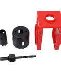 Super Cool Wooden Door Lock Installation Kit With Carbon Steel Saw Blades And Guide Template For Easy Deadbolt Setup On Doors, Fits Multiple Sizes. Red and black wood door lock install kit with drill bit and saw cups.