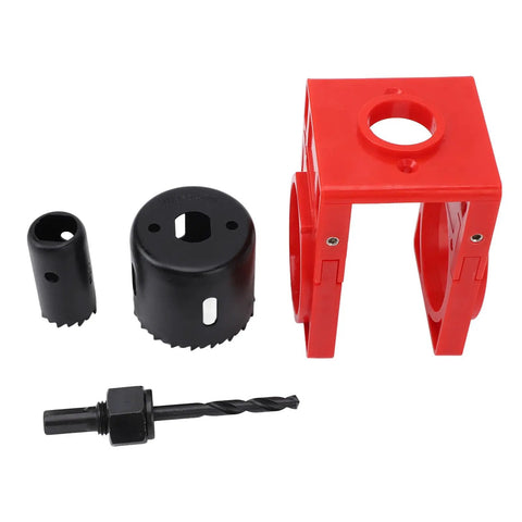 Super Cool Wooden Door Lock Installation Kit With Carbon Steel Saw Blades And Guide Template For Easy Deadbolt Setup On Doors, Fits Multiple Sizes. Red and black wood door lock install kit with drill bit and saw cups.