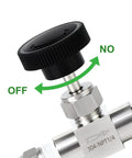 Needle valve with black knurled knob, 304 stainless steel body, 1/4 in. NPT, close-up view.