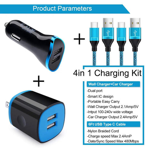 Heavy Duty Usb C Car Charger With Fast Charging Cable Set Dual Port Quick Charge Adapter showing 4-in-1 kit with charging cables.