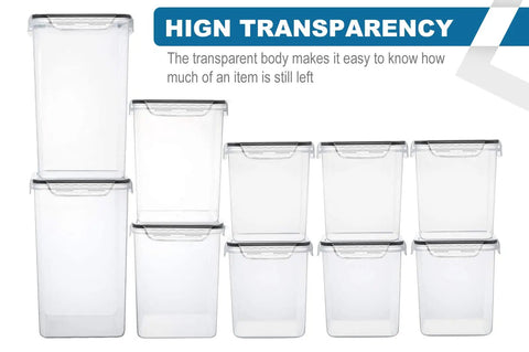Large Tall Airtight Food Storage Set, 10 Pack Plastic Canisters for Kitchen and Pantry Organization, transparent and stackable.