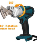 Cordless 21V Electric Sheet Metal Shears With Rotating Head 2 Speed Trigger highlighted in blue and silver with 360° rotation.