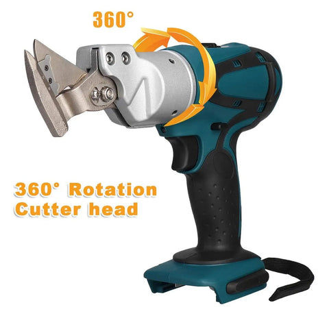 Cordless 21V Electric Sheet Metal Shears With Rotating Head 2 Speed Trigger highlighted in blue and silver with 360° rotation.